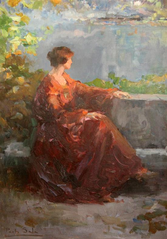 Paolo Sala (1859-1929) Lady seated on a terrace, 19 x 13.5in.